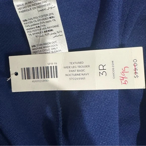 NWT $99 Chico’s Textured Wide Leg Trouser Pants 3R 16R Nocturne Navy Pull On - Picture 9 of 9